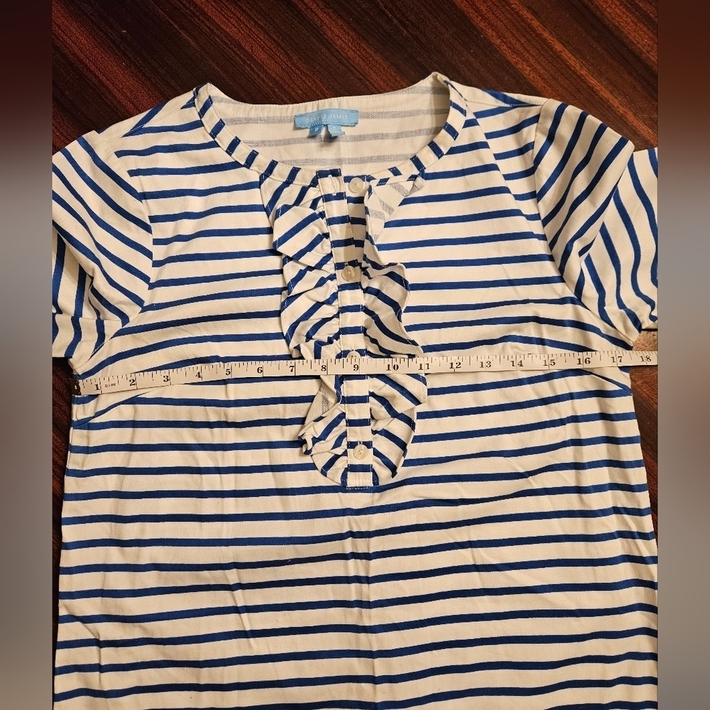 Draper James White Blue Striped Ruffle  3/4 Bell Sleeve Knee Length Dress SZ 2 - Picture 5 of 11